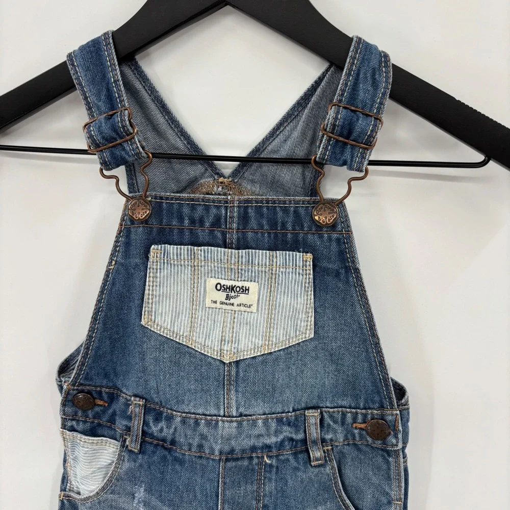 OshKosh B'gosh Denim Overall Dress Kids 3T Blue Distressed Hickory Stripe Jumper